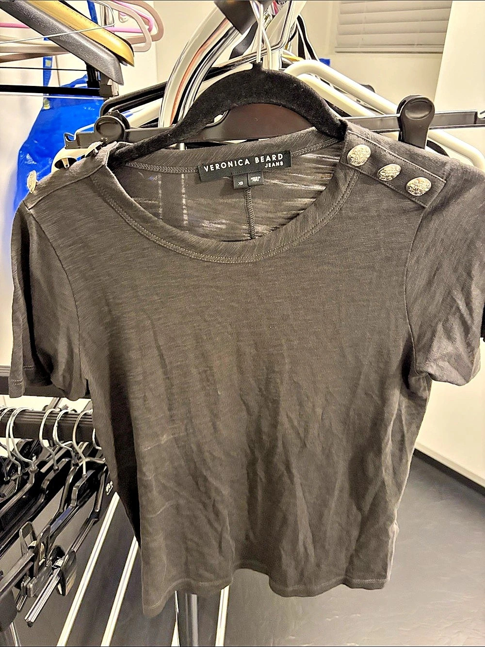 Veronica Beard Short Sleeve Tee with Shoulder Buttons in Gray Size XS